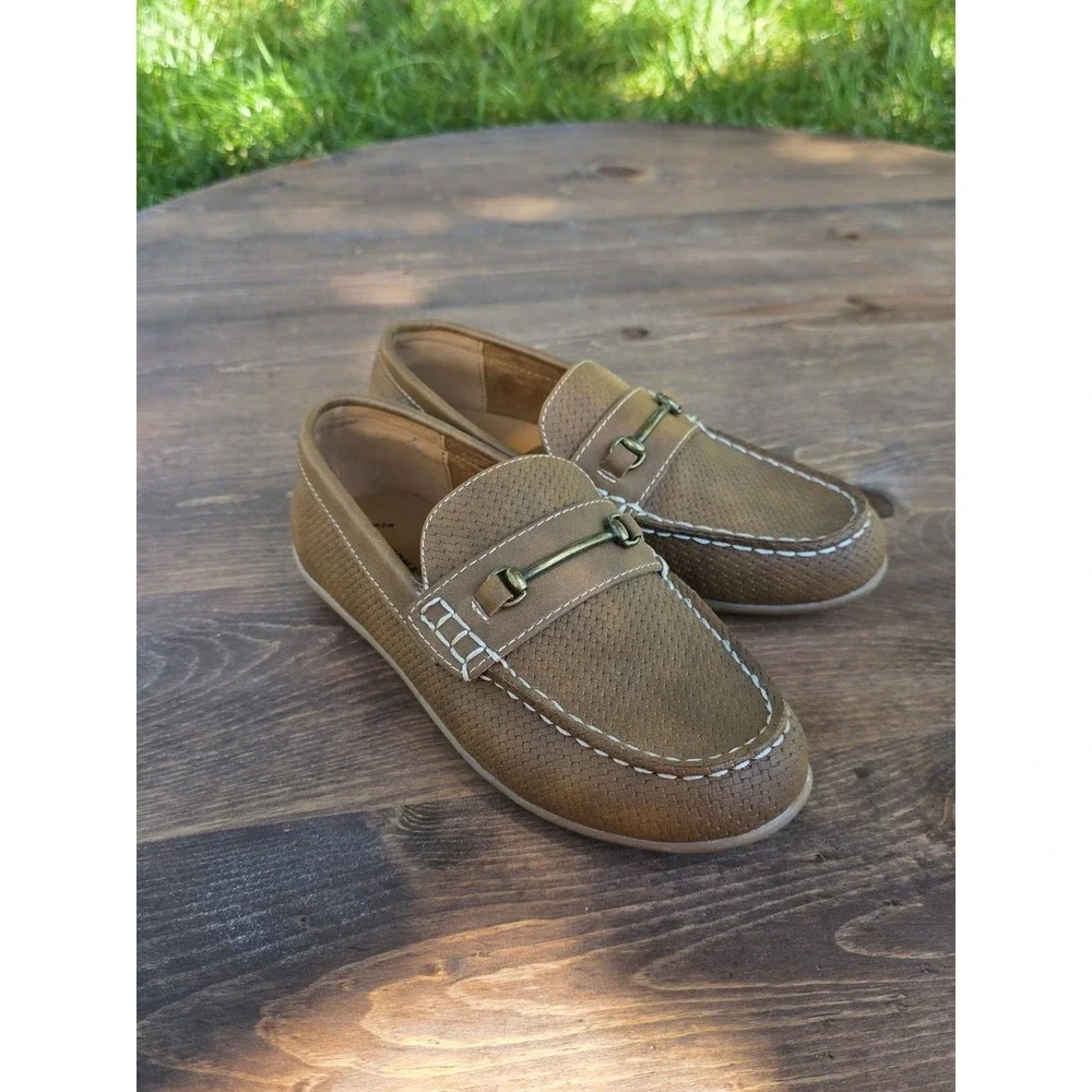 US 2- Kohl's Paxton Cognac Boys' Brown Loafer Slip-On Shoes Metal Bar